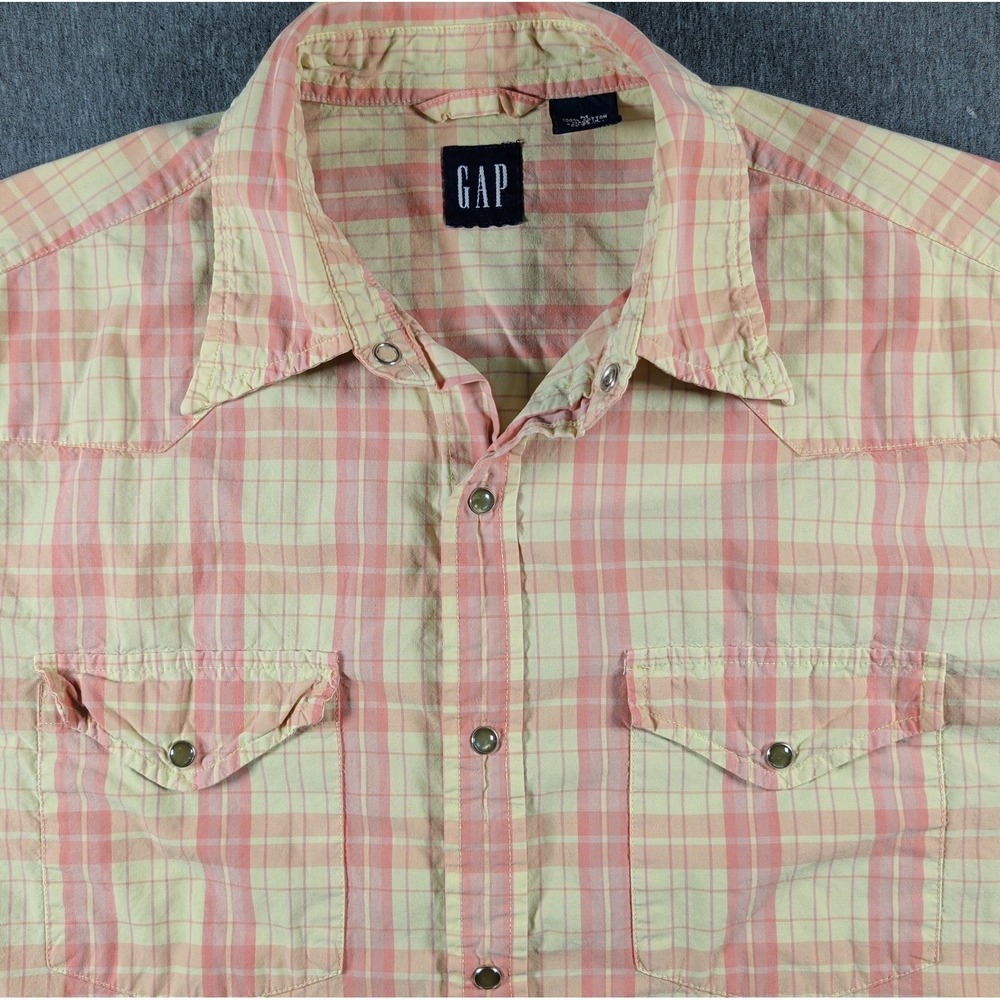 Vtg GAP Long Sleeve Pearl Snap Shirt Mens L Pink Plaid Western Cowboy Pockets‎